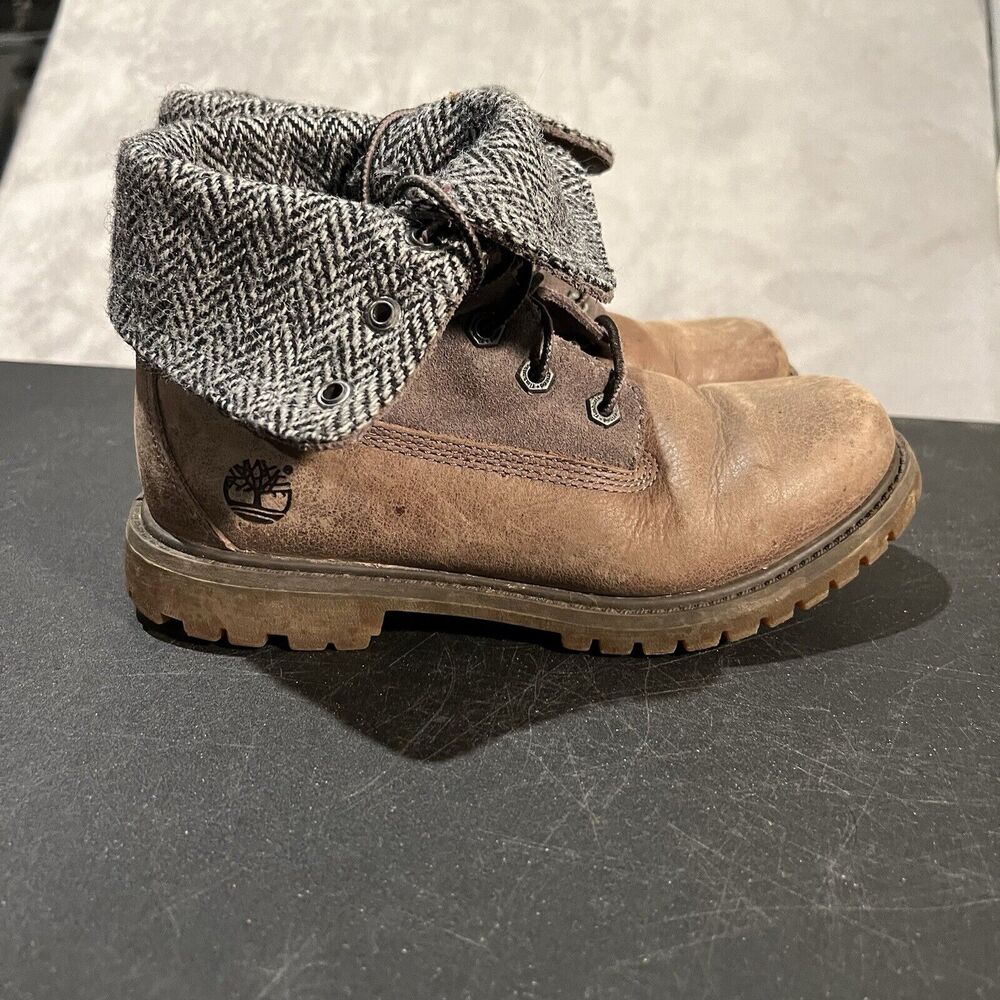 Timberland x Harris Tweed Fold Down Boots Womens 6.5 Brown Leather Wool Boots
